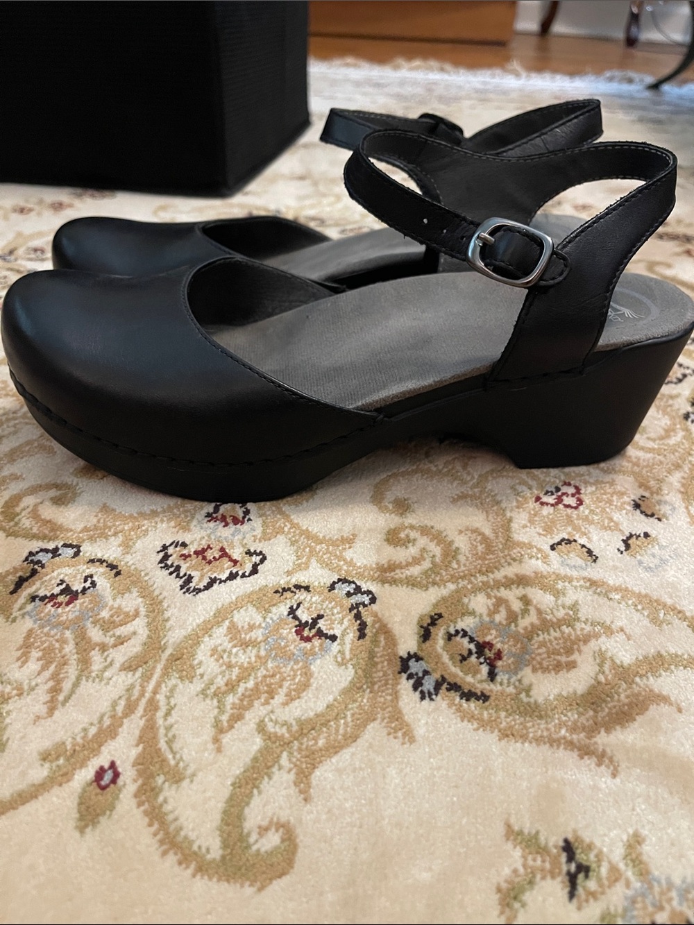 Dansko Black Leather Slingback Platform Clogs